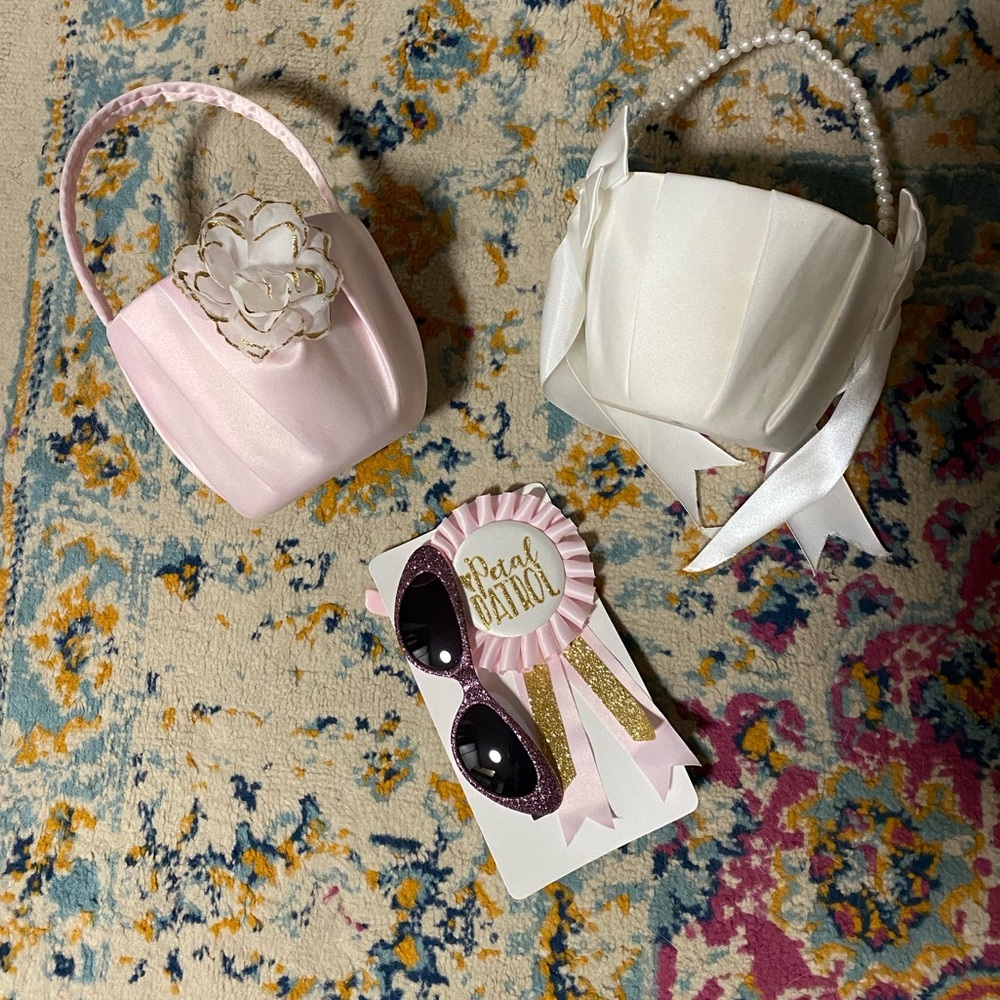 2 flower girl baskets and flower girl accessories